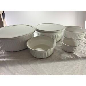 CorningWare French White Stoneware Bakeware Set Fluted Bowls and Lids 7 Piece